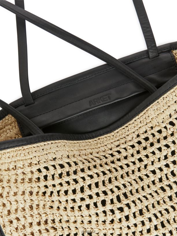 unisex ARKET kožená propracovaná slaměná taška tašky béžová/černá J8R2D748