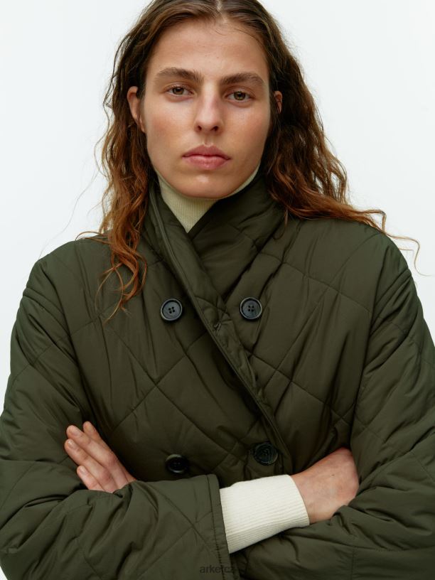 ženy ARKET prošívaná bunda s šálovým límečkem oblečení tmavě kahki zelená J8R2D450