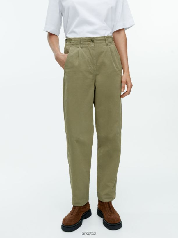 ženy ARKET bavlněné chinos kalhoty se sudovou nohou oblečení khaki zelená J8R2D199